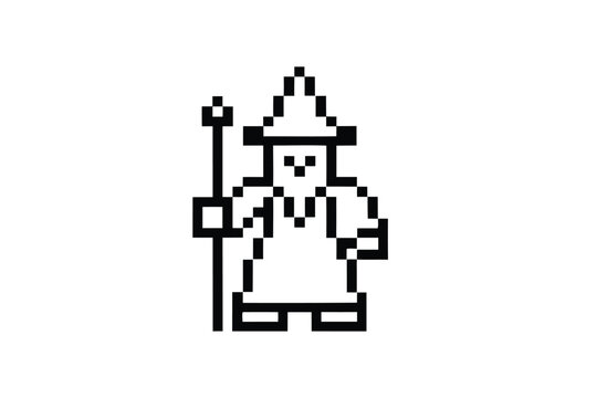 Silhouette wizard with a staff casts magic among shining stars in black and white