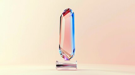 A tall, faceted crystal with vibrant pink and blue hues stands on a clear, rectangular base against a pale, gradient background.
