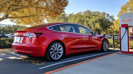 Electric vehicle charging at a station in a sunny parking lot during the afternoon