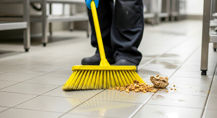 Worker sweeping floor in commercial kitchen with yellow broom and food scraps , ai generated image