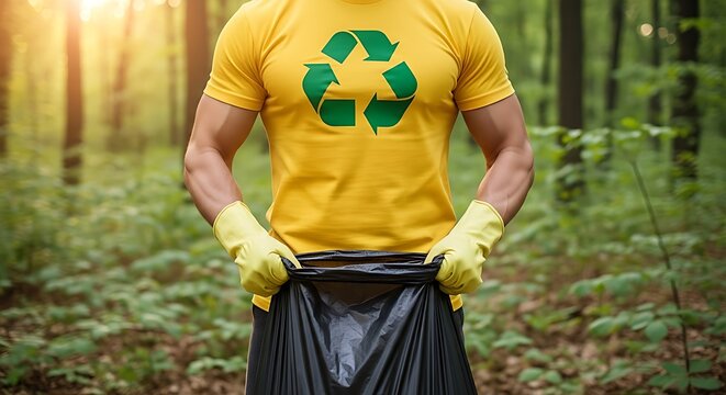 Volunteer picking up trash in a forest, promoting environmental conservation - Powered by Adobe