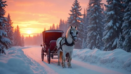 White horse pulls red carriage on snowy path at sunset. Fir trees covered in snow line road, orange sky glows warmly. Winter scene serene transport through frosted landscape, horse wears harness.