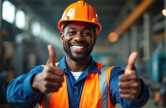 Smiling Black American engineer in orange helmet and safety vest gives thumbs up. He works in a factory. His gesture shows approval and success in his job.