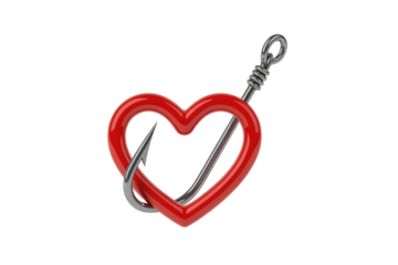 Red heart shaped lure with fishing hook isolated on transparent background