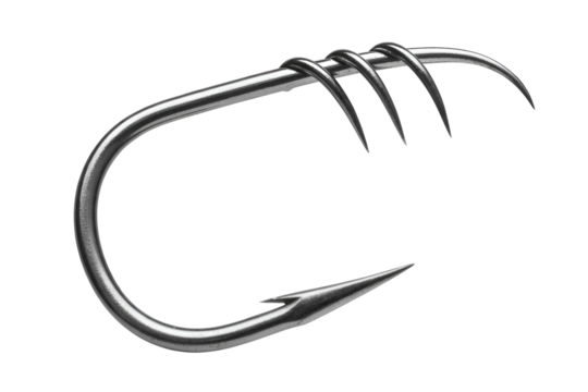 Close up of a sharp metal fishing hook isolated on transparent background