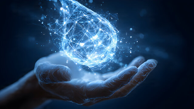 Stunning photorealistic open palm with abstract polygonal blood drop featuring glowing platinum wireframe edges, transparent mesh, and luminous geometric visualization