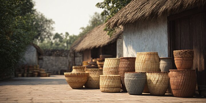 Artisan basket weaving demonstration traditional village photography rural setting ground level craftsmanship