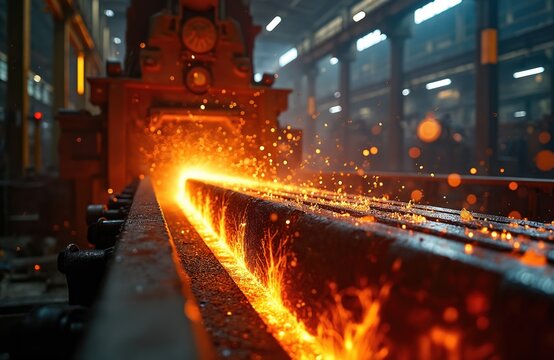 Molten steel forms long bar on industrial conveyor belt. Sparks fly from glowing hot metal in factory. Heavy machinery shapes red iron rod at high temperature during production process.