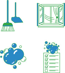 Spring Cleaning Icons Broom and Dustpan, Open Window, Soap Bubbles, Checklist