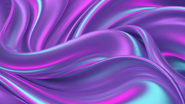 Abstract flowing iridescent purple and cyan liquid waves background fluid