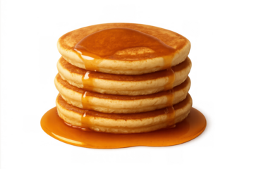 Pancakes stack with golden maple syrup dripping down, creating a delicious dessert on transparent background