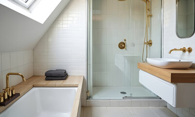 Attic bathroom renovation shows clean white tiles, gold brass fixtures, wood vanity, glass shower enclosure. Natural light illuminates small space.