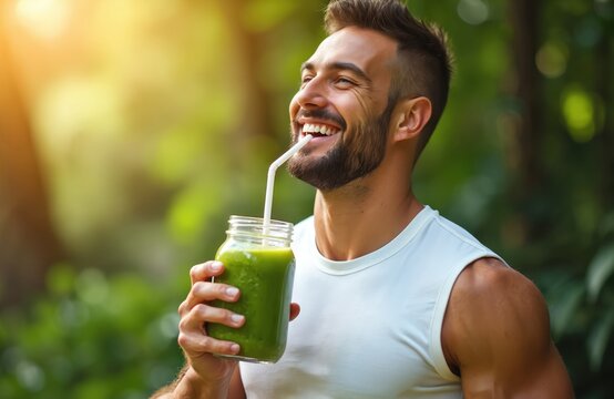 Muscular man smiles drinking green smoothie from jar with straw outdoors. Sunlight shines on healthy male enjoying refreshing drink after exercise. Active lifestyle wellness beverage.