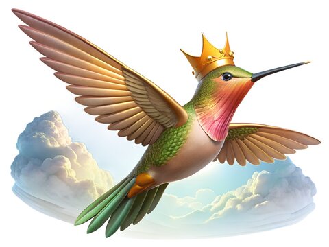 Majestic hummingbird wearing a golden crown in flight above soft clouds - Powered by Adobe
