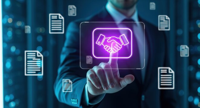 Businessman touching virtual screen with handshake icon representing digital partnership and agreement in modern data center