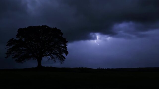 A solitary tree stands against dark storm clouds as lightning flashes behind it, with rapid illumination changes across frames capturing the powerful atmospheric motion of an active thunderstorm