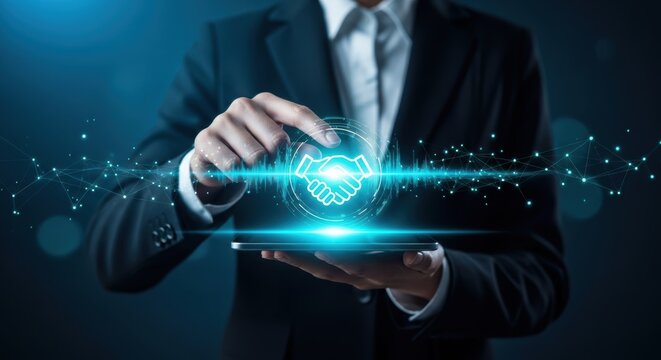 Businessman taps digital handshake icon on tablet representing partnership collaboration and agreement in business technology