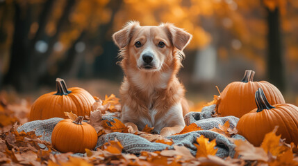 a dog sitting on a blanket surrounded by pumpkins and fallen leaves