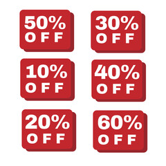 Percent off sticker set featuring discount numbers from 10% to 60%, perfect for promotions, sales banners, online shops, and marketing designs.