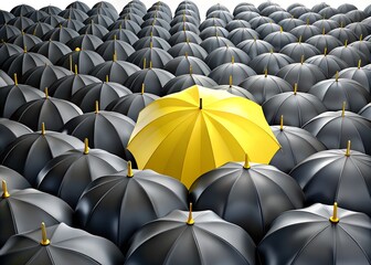 Bright yellow umbrella stands out among a crowd of dark umbrellas symbolizing individuality and uniqueness