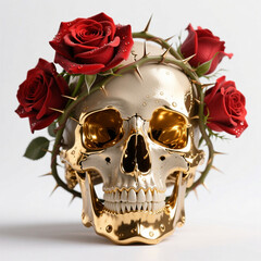 Human Skull Entwined with Red Roses and Gold Accents on White Background