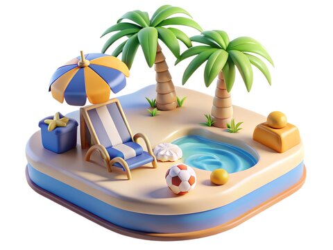 Miniature tropical island paradise with palm trees lounge chair pool and beach ball on white background