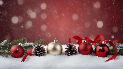 Red & White Christmas Ornaments Snowfall Looping Background 4K - Powered by Adobe