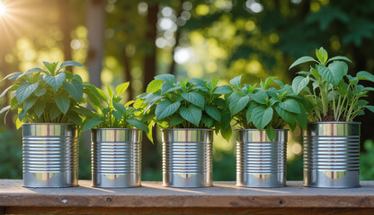 Upcycled Tin Can Herb Planters – Metallic Containers with Fresh Green Herbs for Eco-Friendly Home Gardening and Sustainable Living Inspiration