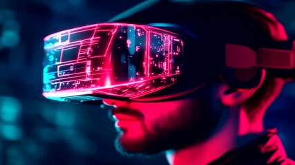 Man wearing a futuristic vr headset with glowing blue circuits and red lighting - Powered by Adobe