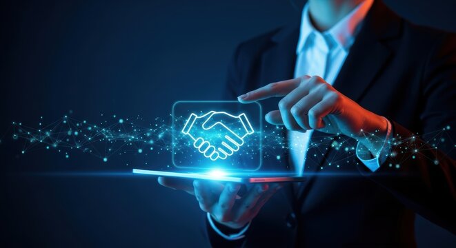 Digital handshake concept illustration showing partnership business solutions and modern technology integration for successful deals