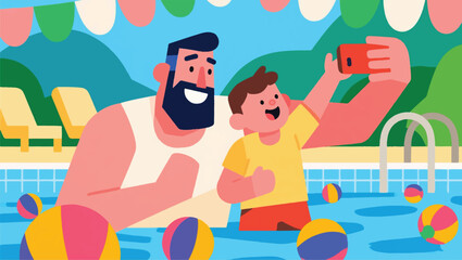 Illustration Of A Father And Son Taking A Photo In A Swimming Pool Vector Design Template