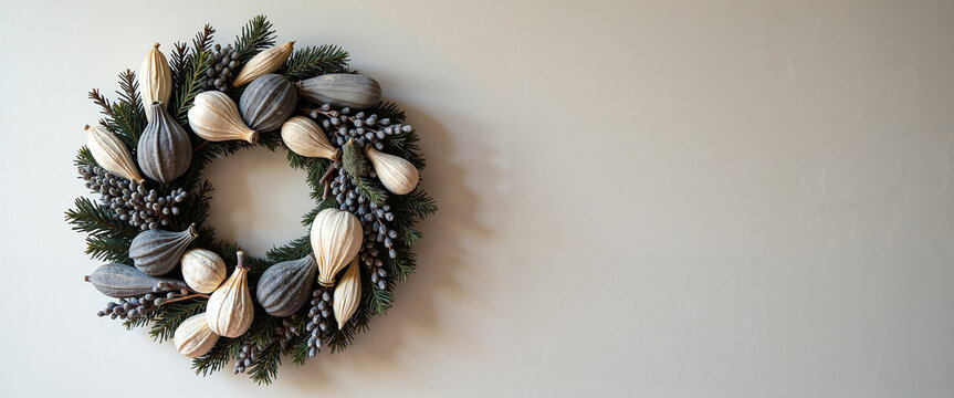 Wreath decorated with beige and grey gourds on wall for Kwanzaa