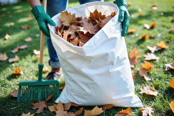 Autumn Leaf Collection – Volunteer Cleaning Yard with Compost Bag for Ecological Sustainability and Environmental Awareness