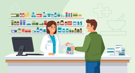 Friendly pharmacist in coat assisting customer at the counter wellstocked pharmacy, with shelves full medications and health products