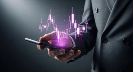 Businessman analyzes stock market data using his smartphone for financial strategy and investment opportunities in a digital economy