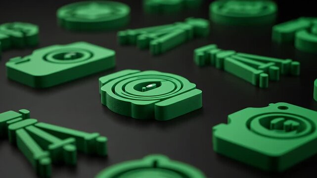 Green Photography Equipment Icons on Dark Background Close Up Arrangement Camera Tripod Compass Accessories in Low Key Lighting 3d Render