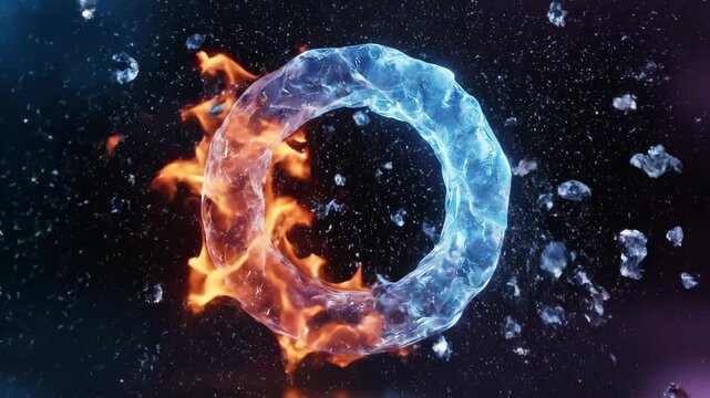 A captivating artistic depiction of elements fire and ice embracing. Water, shaped ring with flames below, amidst stars