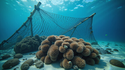 Abandoned Fishing Net on Dying Coral Reef – Marine Ecosystem Destruction for Ecology Awareness and Environmental Conservation Blogs
