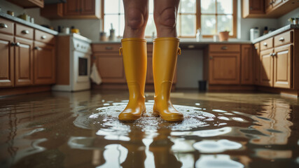 Home Water Damage Scenario – Yellow Rubber Boots in Flooded Kitchen for Ecology Awareness and Disaster Recovery Blogs