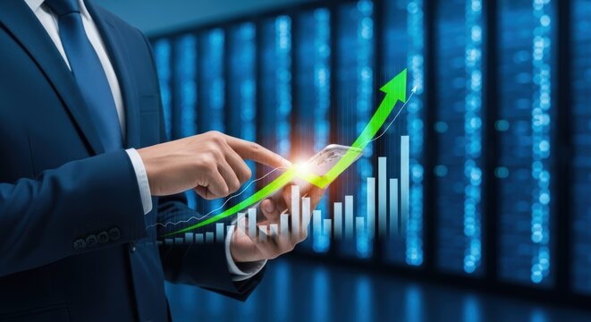 Businessman analyzes stock market data with upward trend using a mobile phone in a server room showing financial growth