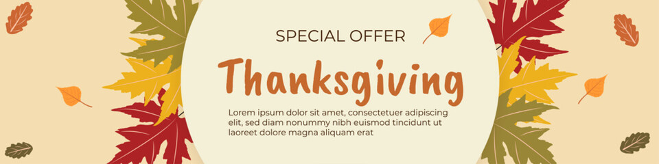 Thanksgiving Offer Banner &ndash; Autumn Leaves Frame and Beige Background with Festive Typography for Seasonal Promotions