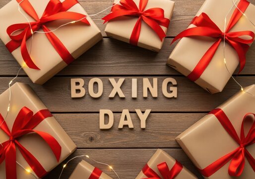 Boxing day sale concept with gift boxes and wooden letters on a rustic background
