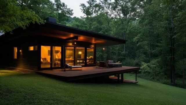 Serene Retreat: An inviting modern house in a lush woodland setting with a warm, welcoming glow that highlights its architecture and harmonious integration with the natural environment.