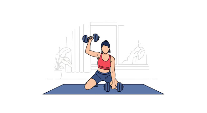 Woman performing dumbbell exercises on yoga mat, representing fitness and strength training at home