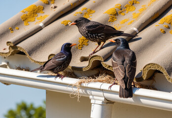 Starling Nest on Rooftop Gutter – Urban Wildlife Moment for Ecology Blogs, Nature Photography, and Environmental Education