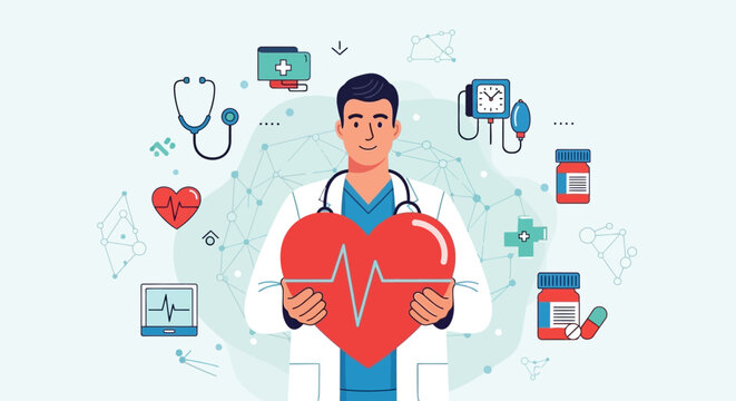 Doctor holding large red heart with heartbeat line, surrounded by medical icons like stethoscope, pills, and ekg monitor, representing healthcare and cardiology