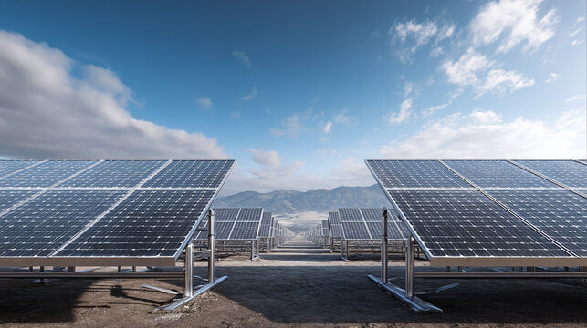 A comprehensive view of solar panels set against a backdrop of a picturesque, expansive sky. The image emphasizes sustainable power