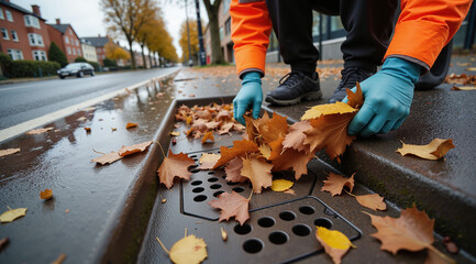 Urban Drainage Maintenance – Worker Clearing Leaves from Storm Drain for Flood Prevention and Environmental Safety