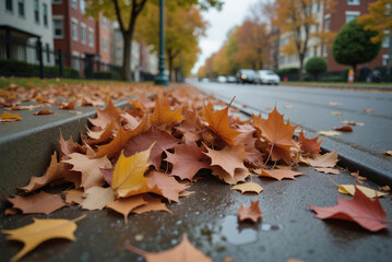 Urban Drainage Blockage – Autumn Leaves Accumulating Near Storm Grate for Ecology Awareness and Environmental Education