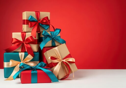 Stack of colorful gift boxes with ribbon and bow on a red background - Powered by Adobe